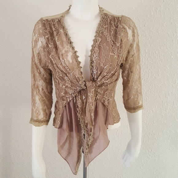 Pretty Angel Tops - Festival BoHo Linen Lace Cafe LatteTop L